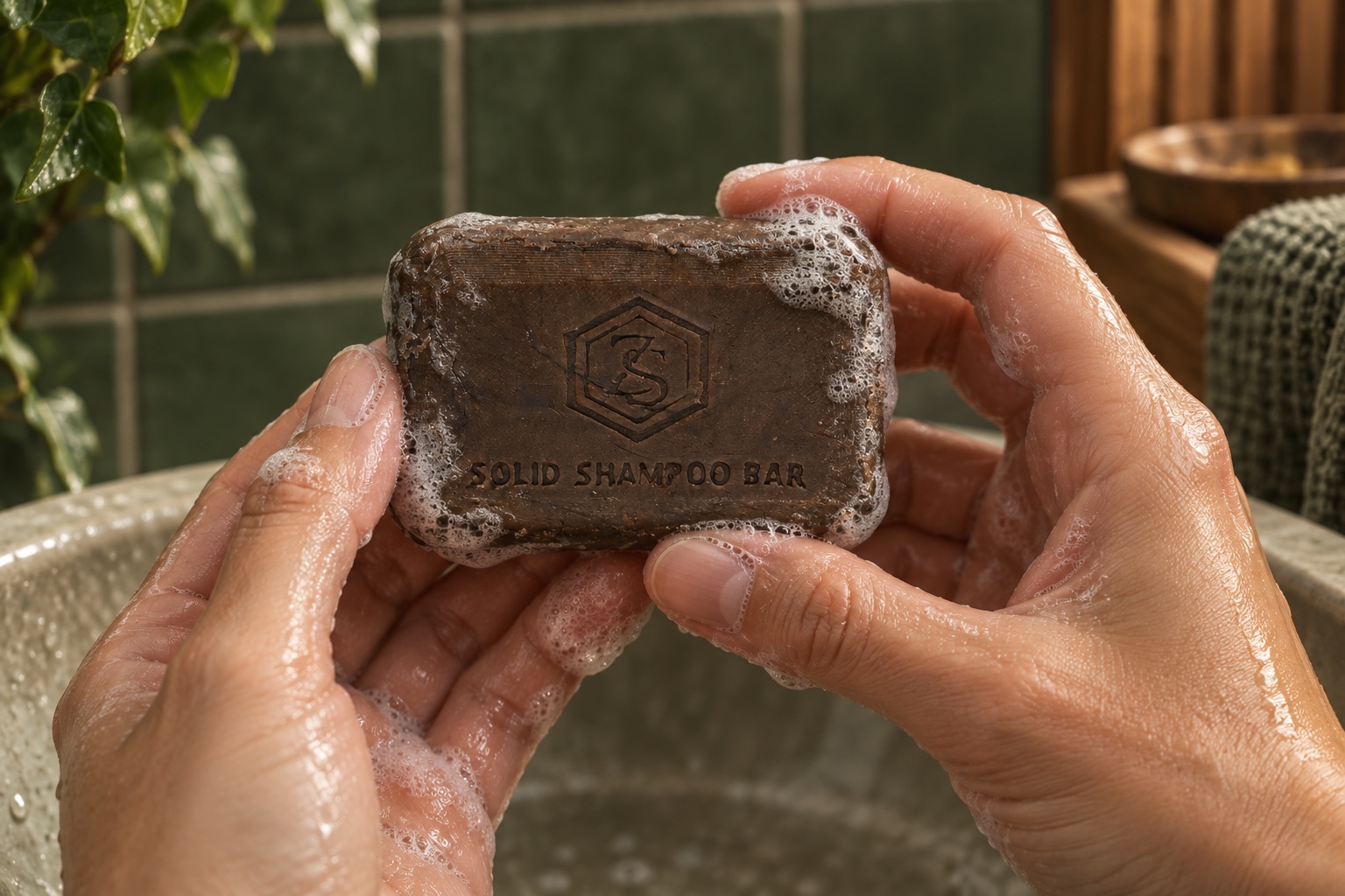 Illustration of hands holding a rectangular brown shampoo bar with foam