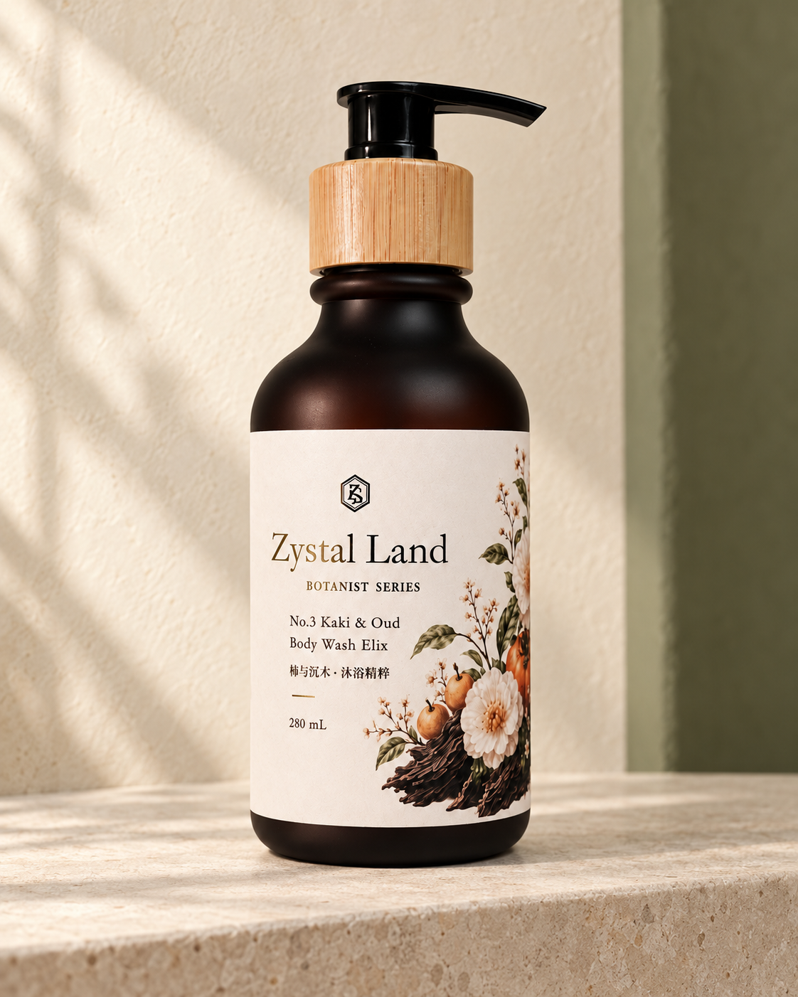Kaki & Oud body wash packaging illustration on warm stone