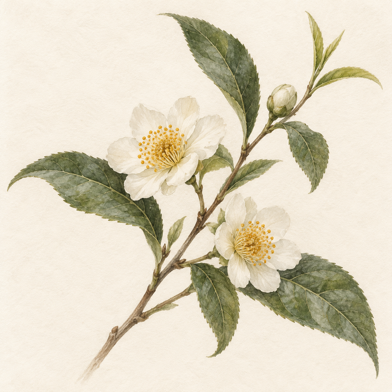 Watercolor of white tea-plant blossoms and young leaves